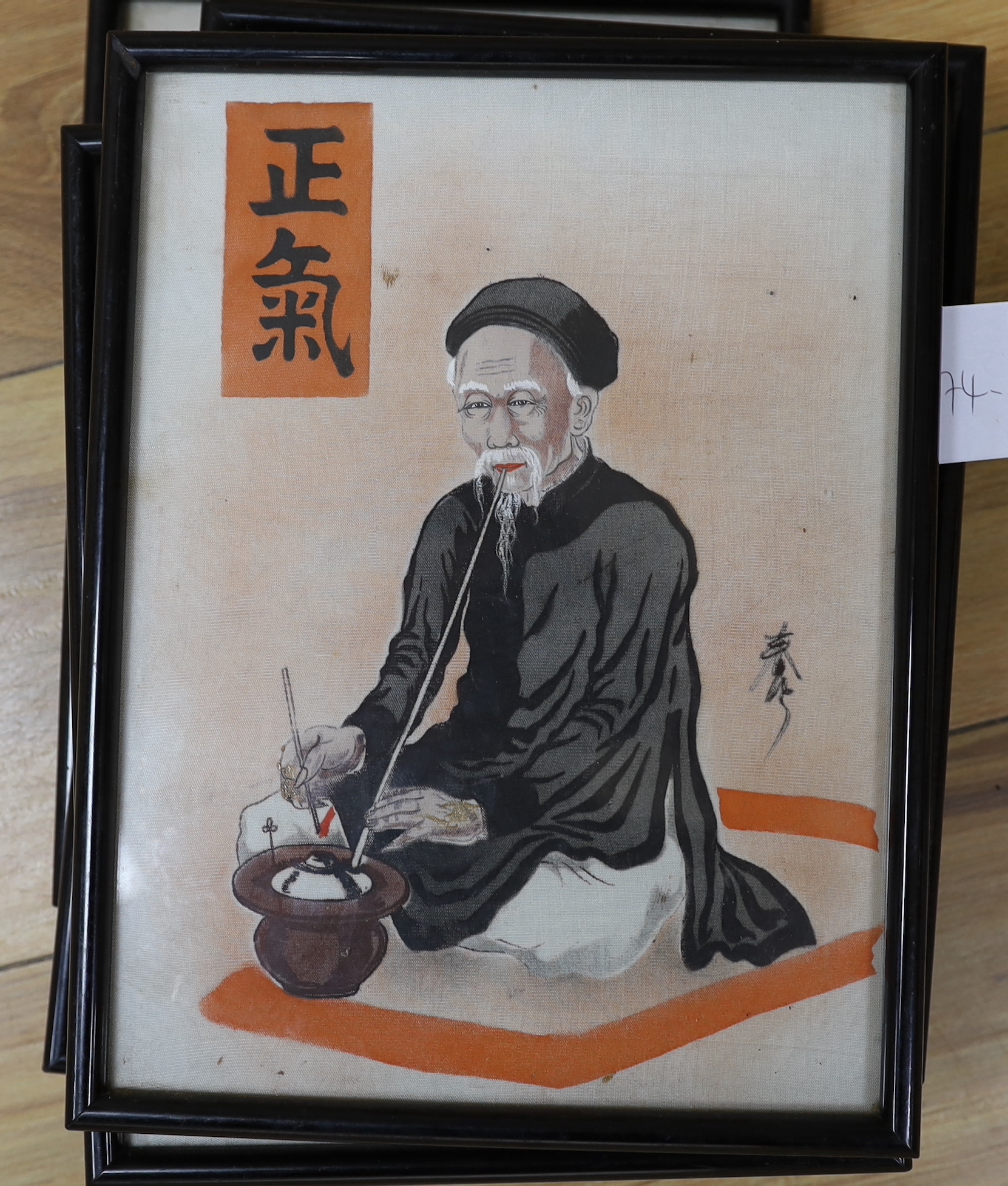 Chinese School, set of eight watercolours on silk, Market sellers, Elders and Scribes, each 24 x 18cm